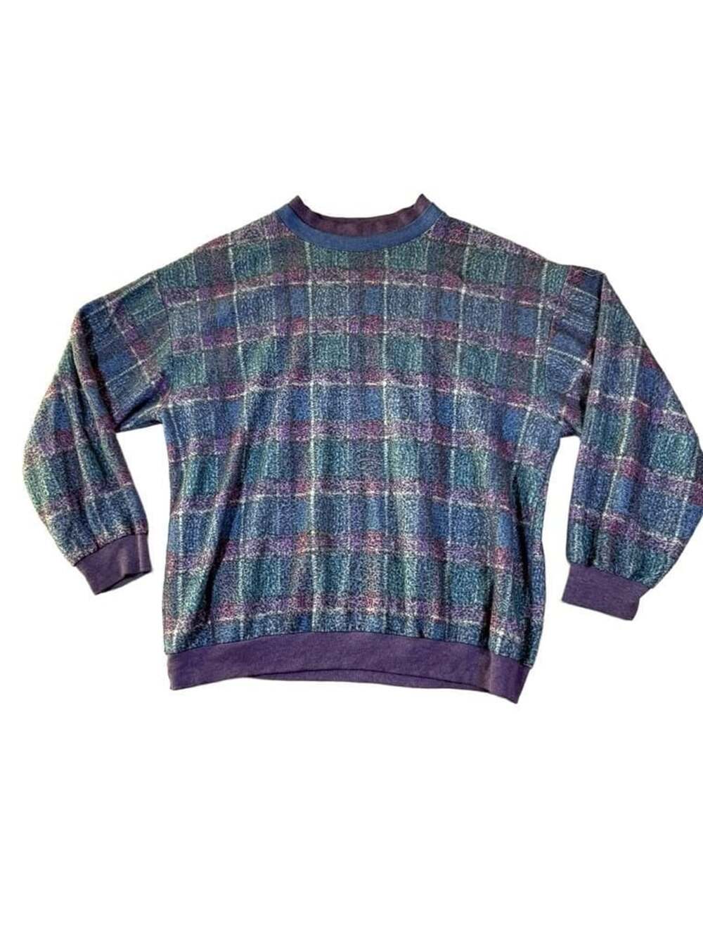 Vintage 90s Blue and Purple Plaid Patterned Crewneck Sweatshirt